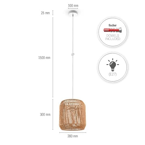 Paco Home Hängelampe Bambus Wohnzimmer Pendelleuchte Rattan Esstisch Esszimmer Lampe E27 Hängeleuchte Papier Boho, Farbe:Natur (Ø28cm), Leuchtenart/Farbe:Pendelleuchte - Weiß thumbnail 3