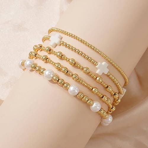SHINUS BOHO 5Pcs Gold Plated Cross Beaded Bracelets Stack Set for Women,Stretch Stackable Boho Colorful Beads Ball Jewelry Friendship Summer Daily Wear Trendy thumbnail 3