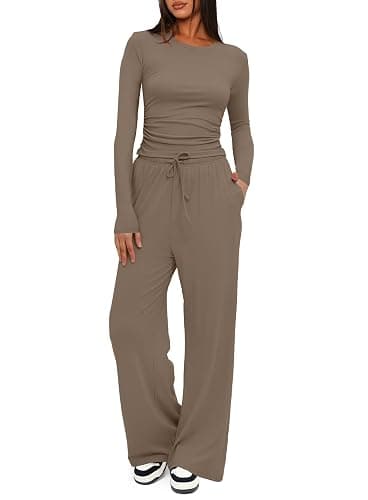 Darong Women's 2 Piece Outfits Lounge Sets 2025 Long Sleeve Crop Tops Wide Leg Pants Casual Matching Set - Image 1