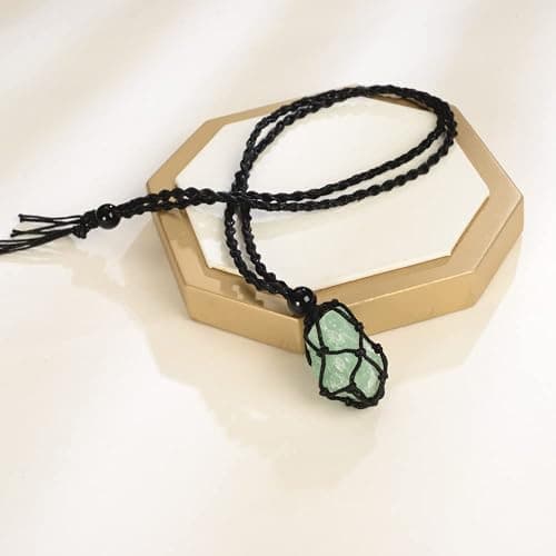 Anjiucc Natural Gemstone Crystal Pendant Necklace Stone Holder Necklace Cord Hand-Woven Necklace with Adjustable Length for Women Men - A-Green Fluorite thumbnail 3