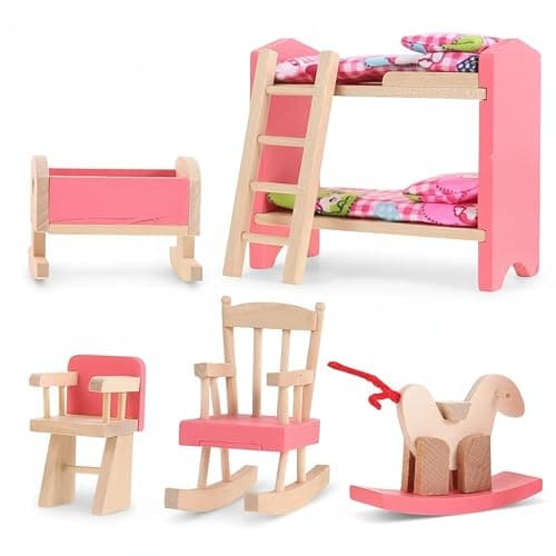 JOINPAYA Wooden Dollhouse Bedroom Furniture: Doll Bunk Bed Rocking Horse Chair, DIY 1:12 Scale Miniature Doll House Decoration Accessories for Ages 3+ Role-Playing - Image 1