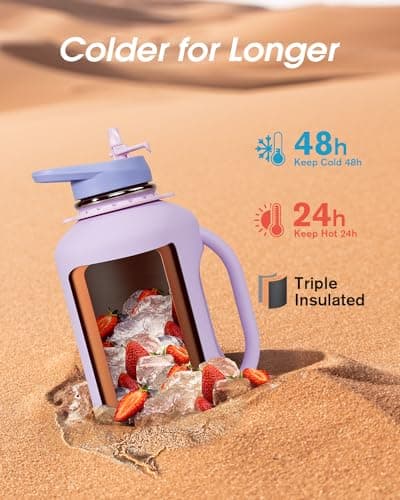 Coolflask Half Gallon Water Bottle with Straw, 64 oz Insulated Stainless Steel Water Jug With Handle Metal Double-Walled Vacuum Large Flask With Strap Leakproof, Keep Cold 48 Hrs Hot 24hrs, Lavender thumbnail 3