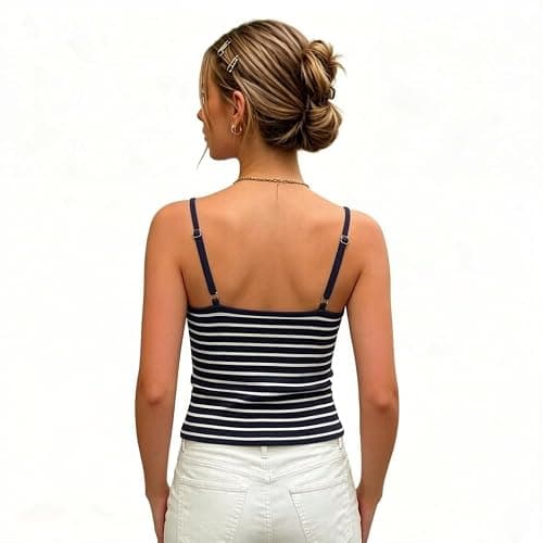 Women Stripe Print Cami Top Y2k Spaghetti Strap Backless Crop Tank Aesthetic Sleeveless Slim Fit Going Out Tops thumbnail 5