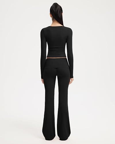 SUUKSESS Women 2 pieces Lounge Sets Long Sleeve V Neck Tops Fold Over Flare Leggings thumbnail 3