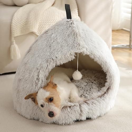 Hezotco Large Cat Cave Bed for Cats, Soft Fluff Indoor Dog Cave Bed& Cat Cave for Small Dogs. Pet Cave for Puppy with Cat Teasing Ball 22.8"*18.5"*22.8"(Coffee+White) thumbnail 6
