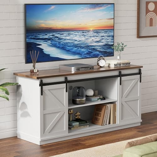 YESHOMY Farmhouse TV Stand for Televisions up to 65 Inches, Sliding Barn Doors and Storage Cabinets, Console Table and Media Furniture for Living Room, 58 Inch, White - Image 1