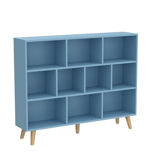 IOTXY Wooden Open Shelf Bookcase - 3-Tier Floor Standing Display Cabinet Rack with Legs, 10 Cubes Bookshelf, Bright Blue thumbnail 5