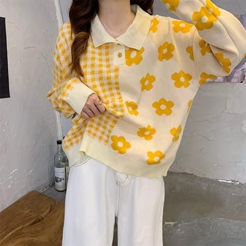 Womens Kawaii Color Block Sweaters Cute Plaid Collared Pullover Sweatshirts thumbnail 4