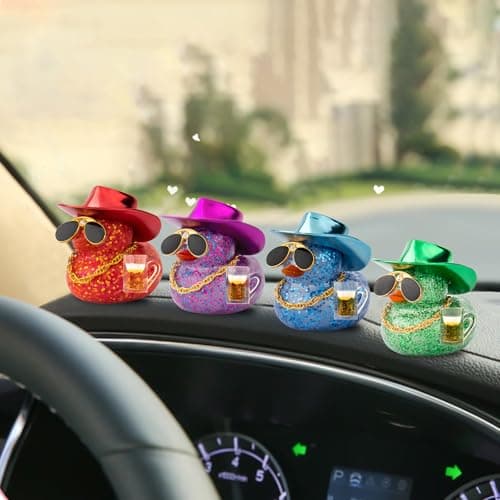 wonuu Car Decorations Beer Rubber Ducks, Dashboard Rubber Ducky for Car Ornament Cute Duck with Laser Cowboy Hat, Glasses, Necklace, Golden Beer-Green thumbnail 7