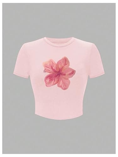 RoseSeek Floral Graphic Crop Tops for Girls Short Sleeve Slim fit Preppy Summer T Shirt Y2k Tops Trendy thumbnail 5