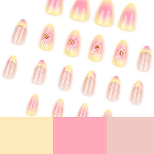 24pcs French Tip Press on Nails Short Almond Fake Nails with 3D Flower Designs Summer Floral False Nails Kit Pink Yellow Gradient Acrylic Nail Tips Full Cover Stick on Nails for Women thumbnail 5