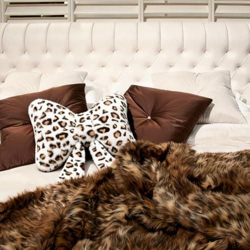UNWAAT Cute Leopard Print Bow Throw Pillow Furry Bow Plush Pillows Plush Shaggy Cheetah Pillow Home Decor for Bed Couch Living Room Decor thumbnail 7