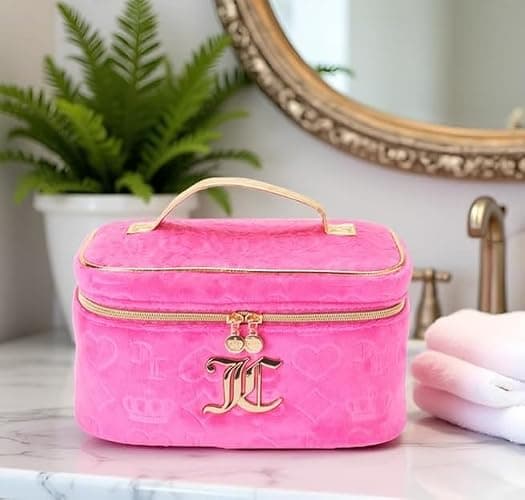 Juicy Couture Hot Pink Makeup Bag Cosmetics Organizer Travel Essentials Train Case Velour Heart Crown thumbnail 2