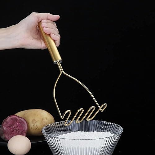 Gold Potato Masher, Stainless Steel Heavy Duty Metal Potato Ricer With Titanium Golden Plating, Food Masher Utensil, Hand Masher, Vegetables Fruits Mashe, Dishwasher Safe (9.6 Inch) thumbnail 5