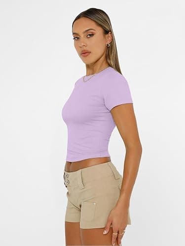 AUTOMET Women's Crew Neck Short Sleeve Basic Stretchy Tight Fitted T-Shirt thumbnail 4