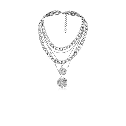 GAUEIOUR Punk Chunky Chain Necklace, Multi Layered Queen Engraved Coin Alloy Pendant, Round Hip Hop Necklace, Exaggerated Cuban Necklace, Thick Collar Jewelry For Women And Girls (Silvery) - Image 1