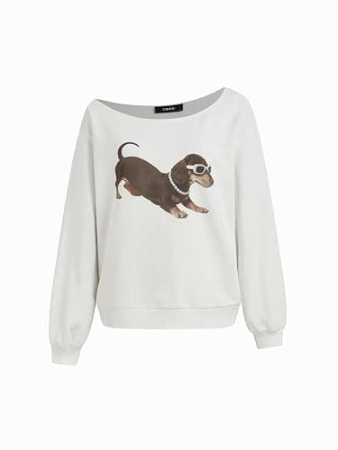 CIDER Going Out Sweatshirt for Women Dachshund Graphic Asymmetrical Neck Long Sleeve Terry Pullover Dog Top - Image 1
