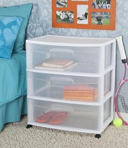 Wide 3-Drawer Storage Cart - White, Plastic, Rolling Casters thumbnail 4