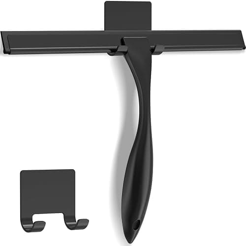 All-Purpose Stainless Steel Shower Squeegee for Shower Glass Door with Adhesive Hook, Bathroom Cleaner Tool Household Window Mirror Squeegee for Glass Doors, Cleaning Tile Wall, Car, 10 inch, Black - Image 1
