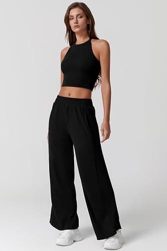 QINSEN Women's 2 Piece Sets Summer Ribbed Knit Crop Tank Tops Wide Leg Pants Sleeveless Tracksuit thumbnail 6