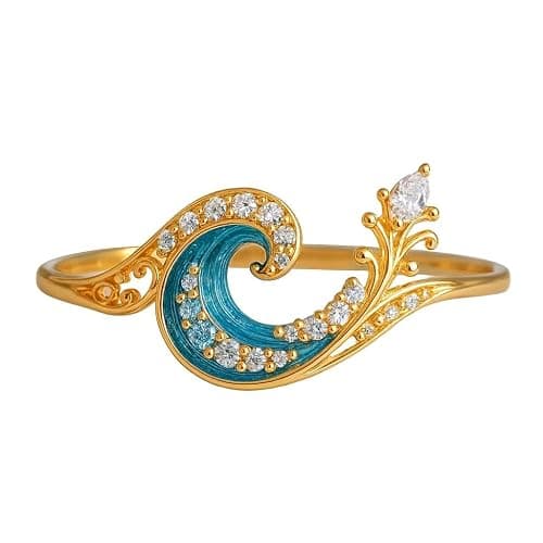 Blue Ocean Wave Ring for Women, 18K Gold Plated Wave Ring with CZ, Mermaid Coastal Jewelry Gift for Her, Sea Inspired Gold Ring, Summer Beach Aesthetic Jewelry - Image 1