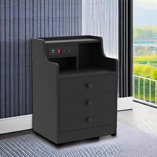 ADORNEVE Black Nightstand with Charging Station & Drawers | Night Stand for Bedroom,End Table with Hutch & 3 Storage Drawers thumbnail 6