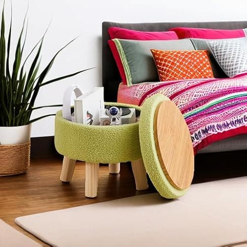 Wimarsbon Storage Ottoman, Modern Round Footrest with Soft Padded Seat, Teddy Velvet Footstool with Wood Legs, Accent Small Table or Plant Stand for Hallway, Living Room (Brilliant Green) thumbnail 5
