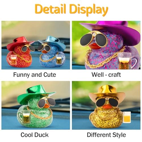 wonuu Car Decorations Beer Rubber Ducks, Dashboard Rubber Ducky for Car Ornament Cute Duck with Laser Cowboy Hat, Glasses, Necklace, Golden Beer-Green thumbnail 4