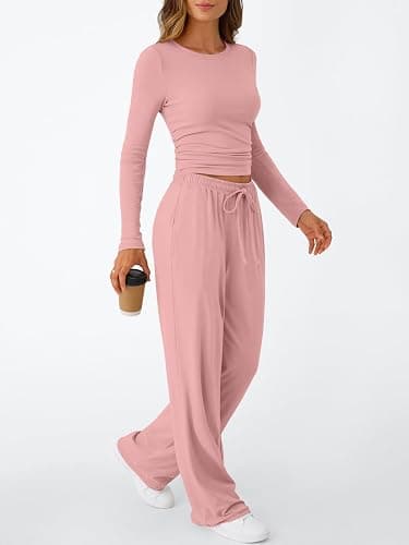 Trendy Queen Women's 2 Piece Matching Lounge Set Long Sleeve Slightly Crop Top Wide Leg Pants Casual Sweatsuit thumbnail 3