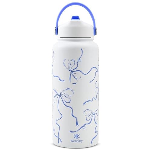 KEWIXY 32 oz Insulated Water Bottle with Straw, Bow Water Bottle Stainless Steel with Flip Straw and Handle, Leak Proof, Metal, Reusable, Wide Mouth, for Travel, Gym and School (Breeze Blue Bow) - Image 1