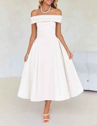 ZESICA Summer 2026 Cocktail Dresses for Women's Off Shoulder Short Sleeve Swing A Line Wedding Evening Party Midi Dress thumbnail 3