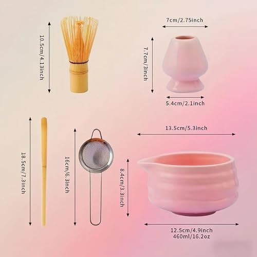 Cute Pink Matcha Whisk Set of 5 for Matcha Tea,Matcha Powder Kit（Bowl with Spout+bamboo Whisk and Holder+Strainer+Scoop）for Macha Starter Making Tools with Small Sifter Sieve Mixer Wisk Chasen Chawan thumbnail 3