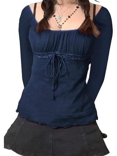 Y2K Mesh Top Women Long Sleeve Shirts Scoop Neck Ruffle Hem Babydoll Blouse - Image 1