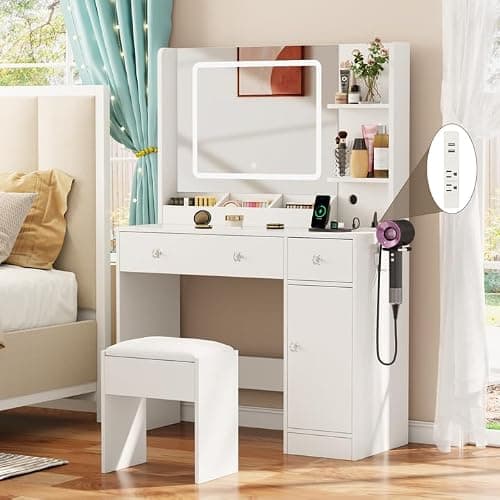 Makeup Vanity Desk with Mirror and Lights,Vanity Set with Mirror and Stool and Lights 3 Color,White Vanity Desk with Drawers,Make Up Table with Power Outlet,Dressing Table with Cabinet,Storage Shelves - Image 1