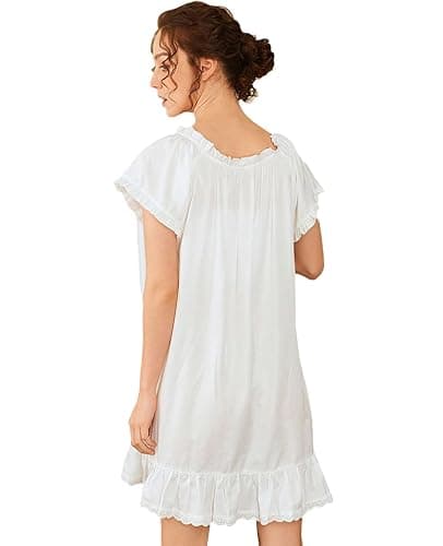 Nanxson Women's Cotton Nightgown Short Sleeve Sleepwear Vintage Nightshirt | Summer Victorian Sleepdress,White Sleepshirt,U Neck Lace Loungewear,Soft Nightshirt,Loose Loungedress,Bride Nightwear thumbnail 4