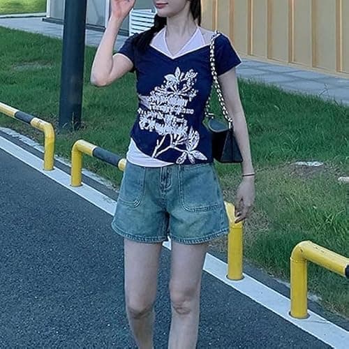 Y2k Baby Tee Women Crop Top Summer 2025 Streetwear 2000s Goth Emo Grunge Shirts Fake 2 Piece Grahpic Tees thumbnail 2
