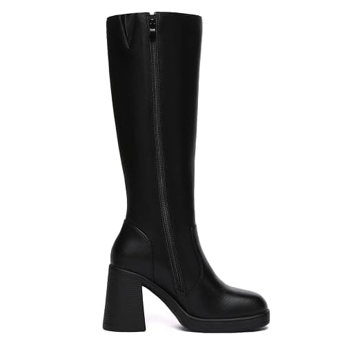 Athlefit Black Knee High Boots for Women Platform Tall Boots Fashion Square Toe Chunky Heeled Booties thumbnail 4