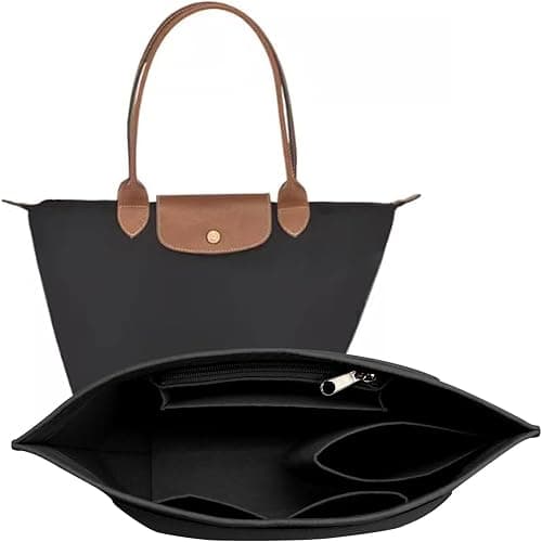 Bag Organiser for Longchamp, Black Felt Handbag Insert Organizer with Zipper, Multi-Pocket, 7 Compartments, Elegant Classic Style - Image 1