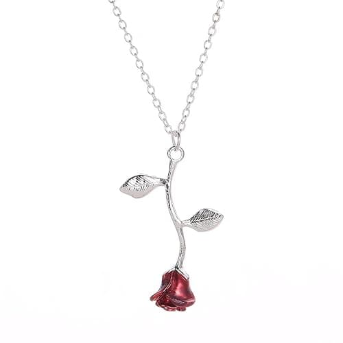 Spiritrain Red Rose Flower Pendant Necklace for Women Gold Silver Plated 3D Vintage Elegant Romantic Enamel Red Flowers Leaf Chain Necklace for Valentine's Day Anniversary Birthday Jewelry Gifts - Image 1