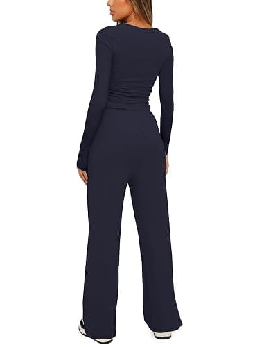 Navy blue Darong Women's 2 Piece Sets 2025 Fall Outfits Long Sleeve Wide Leg Tracksuits Casual Lounge Set Matching Sets thumbnail 2