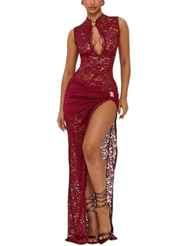Sukiglam Robe Femme Sexy sans Manches Maxi Robes Col Montant Transparente Dentelle Moulante Robe Longue avec Fente Profonde Ete Chic et Elégant Ajouré Robes de Soiree Cocktail Mariage Gala Cérémonie - Image 1