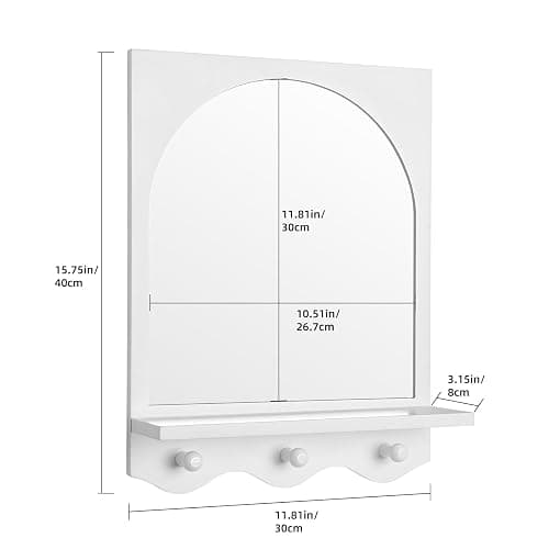 SANY DAYO HOME White 16"x12" Wood Framed Arched Mirror with Shelf and 3 Hooks, Wall Mounted Decorative Real Glass Hanging Mirror for Entryway, Bathroom, Bedroom, Laundry Room thumbnail 3