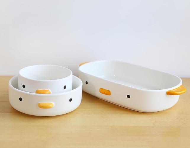 PURROOM Cute Duck Baking Dish, Ceramic Casserole Dish, White Porcelain Pie Pan, 10x7 in Medium Baking Pan with Handles, Oven Safe & Durable Bakeware for Lasagna. thumbnail 6