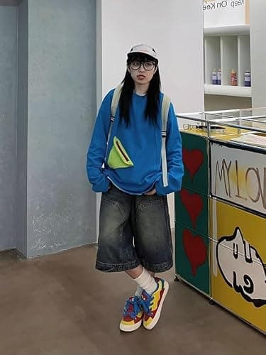 QJK Streetwear Baggy Summer Jorts Y2K Shorts Dark wash Jorts Denim Bermuda Shorts thumbnail 3