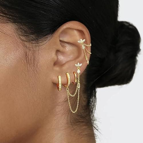 6PCS Earring Stacks Cartilage Chain Helix Piercing Sets For Women Flat Back Multiple Piercing Dangle Huggie Hoop Stackable Jewelry thumbnail 6