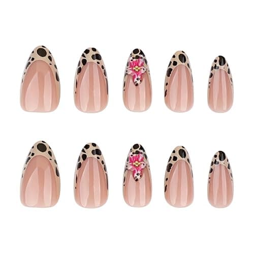 Leopard Hibiscus Press on Nails Medium Almond Fake Nails - Pink Flower False Nails Press ons with Gold Pearls Design Reusable Acrylic Nails Glossy Full Cover Stick on Nails for Women Manicure 24 Pcs - Style-28 - 1 Fl Oz (Pack of 24) thumbnail 5