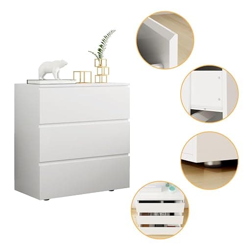 FUNISIR Nightstand with 3 Drawers, Modern Bedroom End Table with No Handle, Wooden Bedside Storage Cabinet, White 30.3" W x 32.3" H thumbnail 7