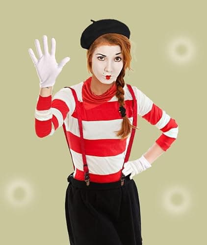 5 Pcs Mime Artist Costume Accessories Set Women French Mime Cosplay Outfit Includes Black Beret Red Suspender Scarf White Gloves and Black White Stripe Socks for Halloween Theme Party Dress up Decor thumbnail 6