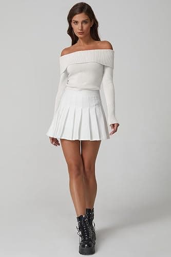 QINSEN Cotton Off The Shoulder Sweater for Women Long Sleeve Ribbed Knit Pullover Sweater Slim Fit Going Out Tops thumbnail 3