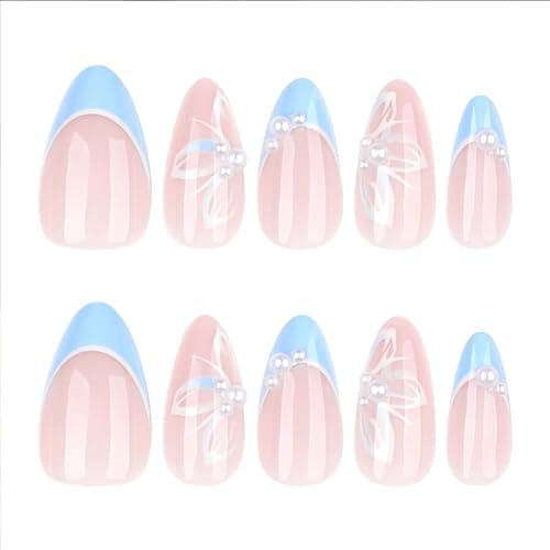 Blue French Tip Almond Press On Nails with Glue, Acrylic Butterfly Pearl Fake Nails for Women, Elegant Handmade 3D Stick On Nails, 24Pcs Reusable Medium Length False Nails for Wedding Party Daily thumbnail 3